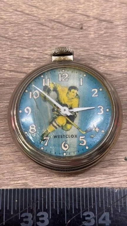 Westclox Hockey Pocket Watch. Crack shown.