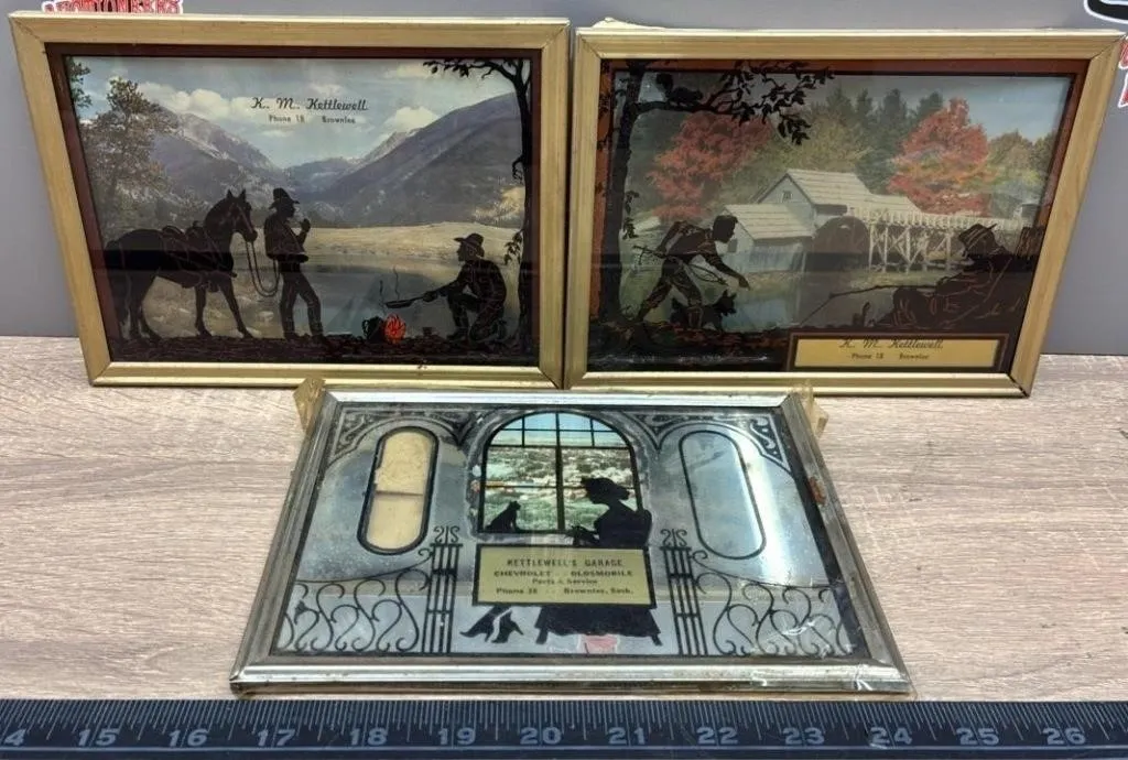 3 Vintage Reverse Painted Advertising Pictures -