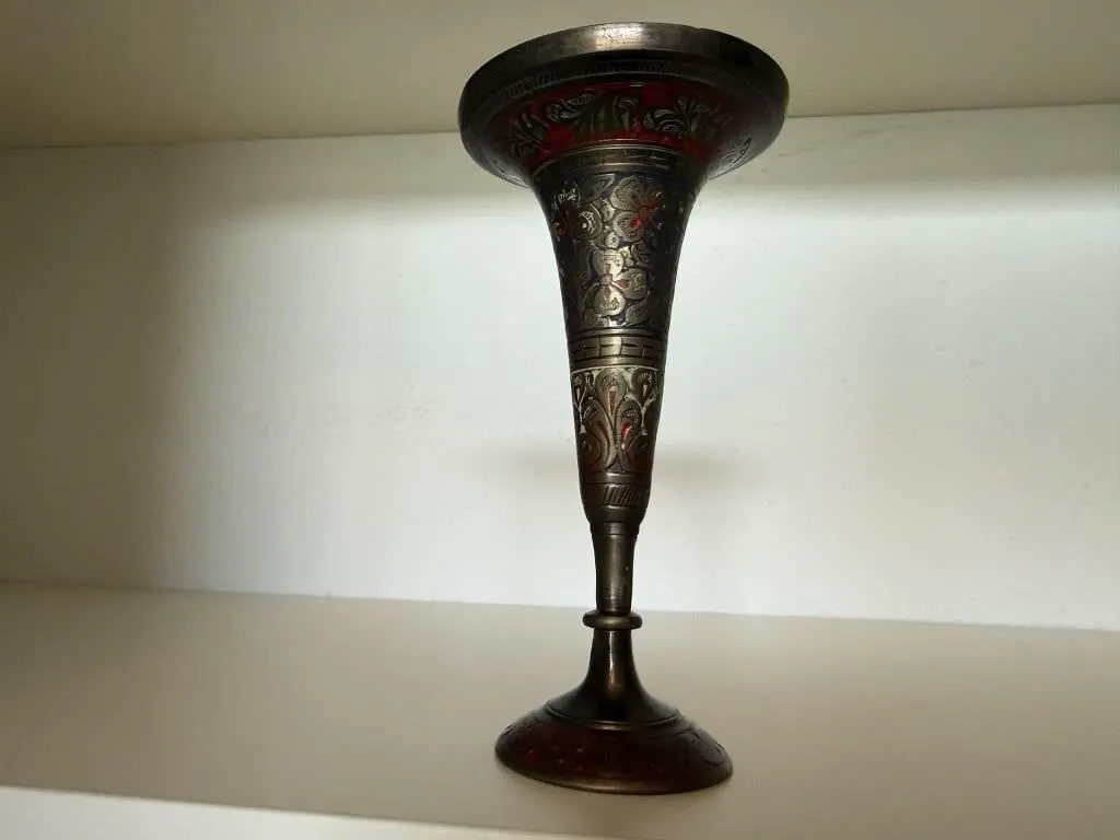 Etched brass vase