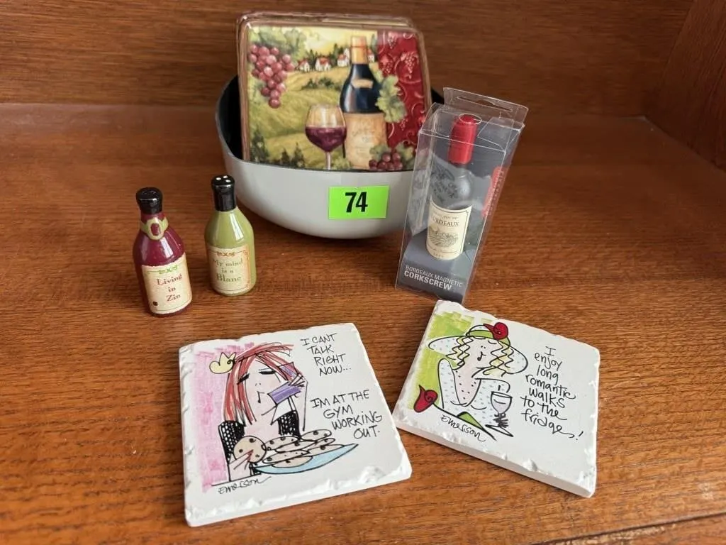 Wine coasters, shakers, corkscrew