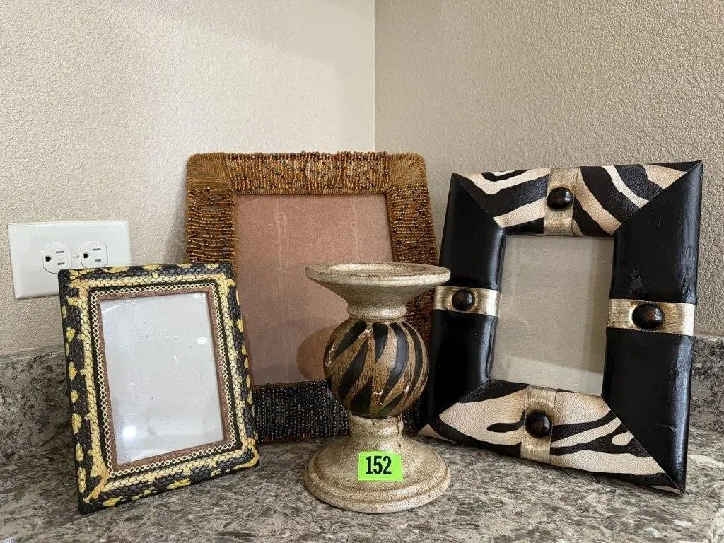 Beaded, assorted picture frames, candlestick