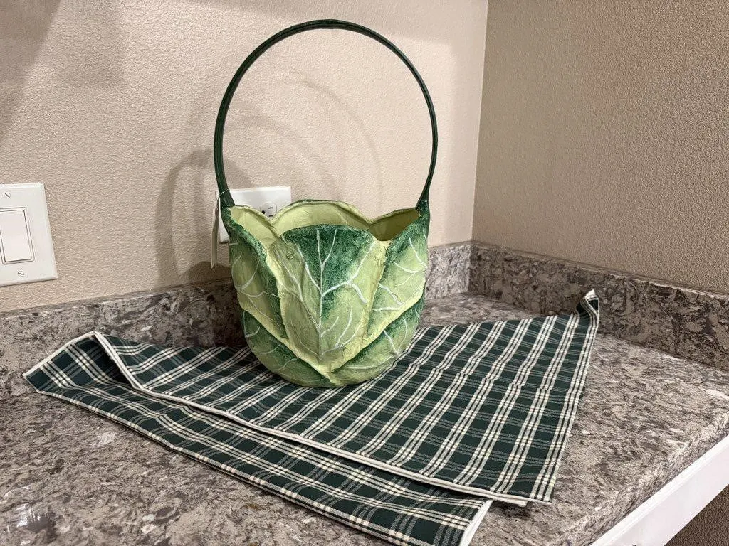Paper mache cabbage basket, green plaid table