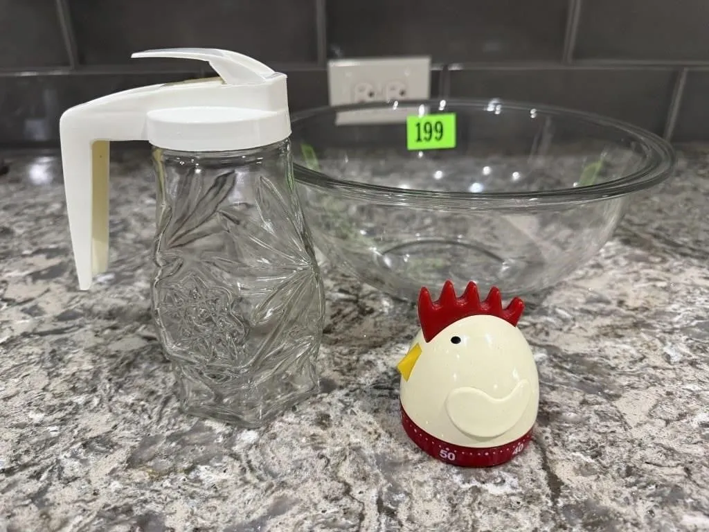 Syrup dispenser, chicken timer, Pyrex mixing bowl,