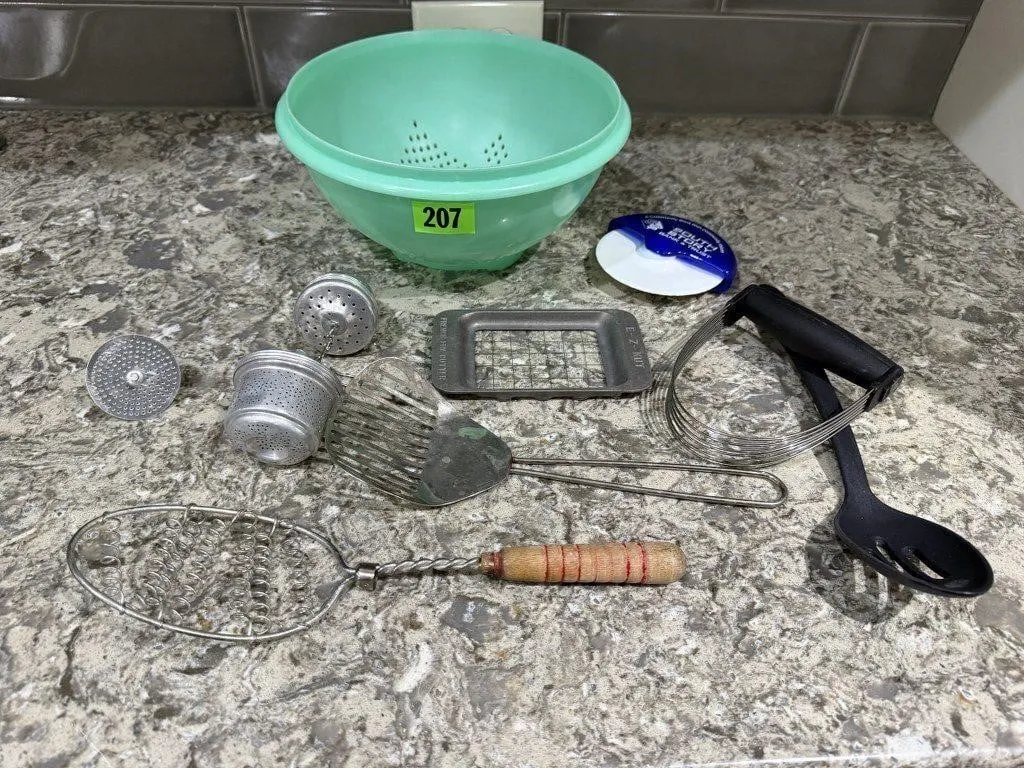 Vintage colander, kitchen utensils, slicers