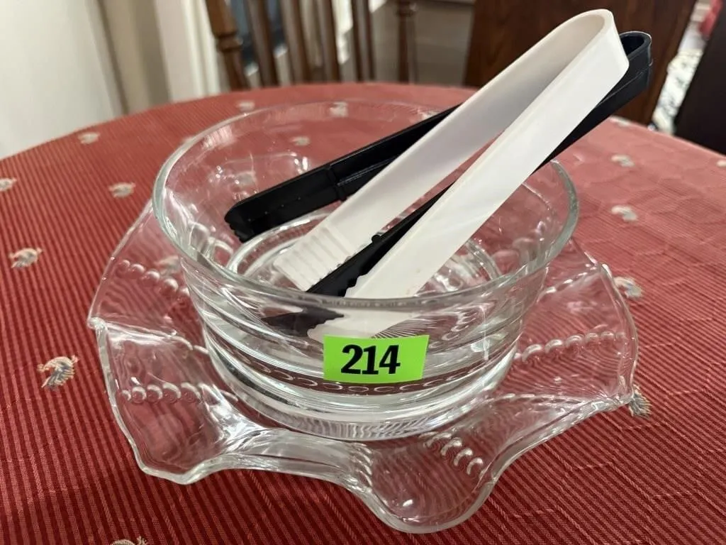Ruffled glass plate, serving bowl, tongs