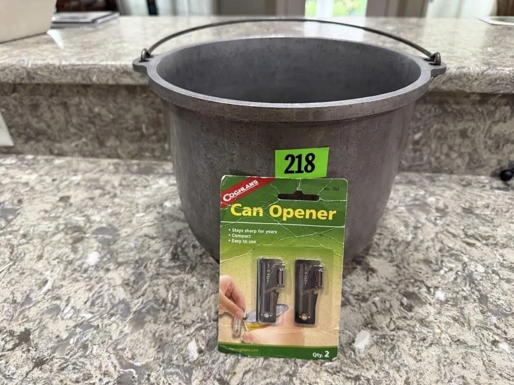 Antique stock pot, can opener