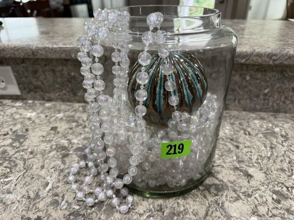 Beaded gardland, decorative orb, glass jar