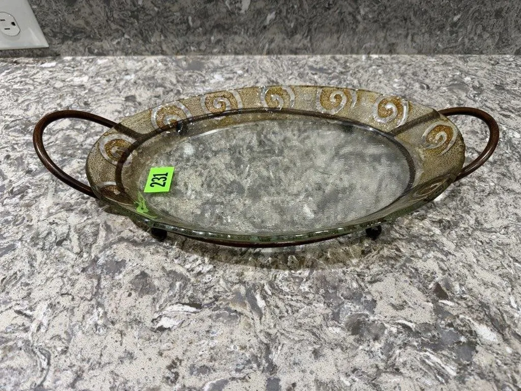 Oval serving dish, metal stand