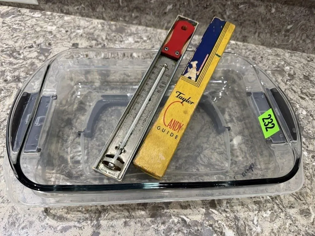 Glass baking dish, vintage candy thermometer