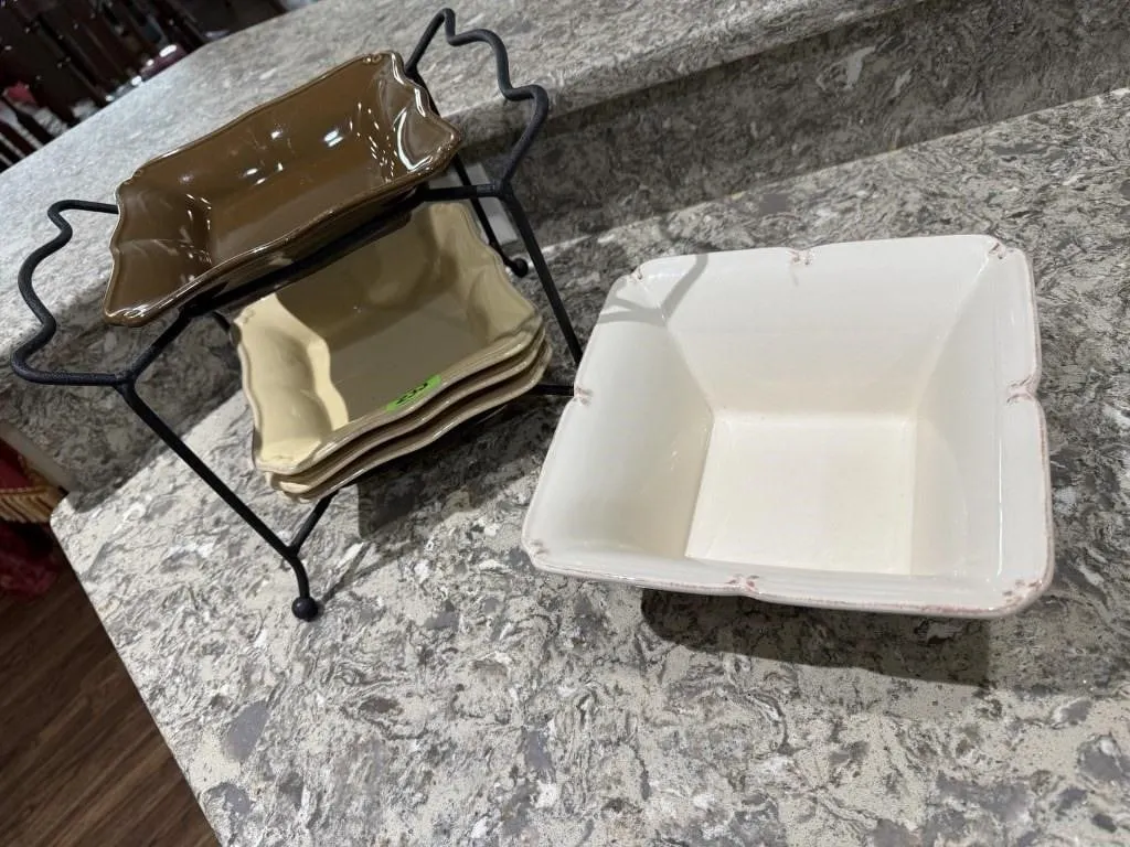 Wrought iron serving stands (2), square plates,