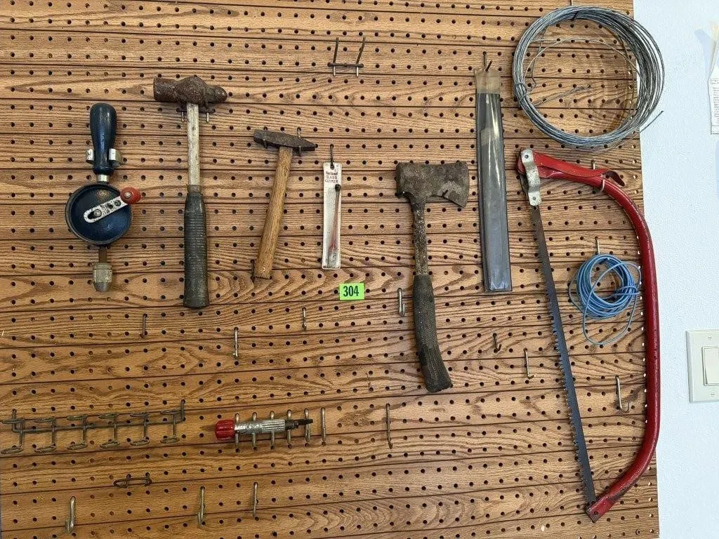 Hand tools, drill, hatchet, saw, hammer, wire