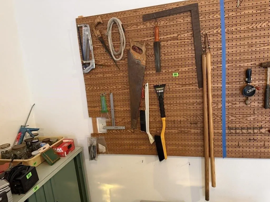 Hand saw, ice scrapers, rope, metal file, wooden