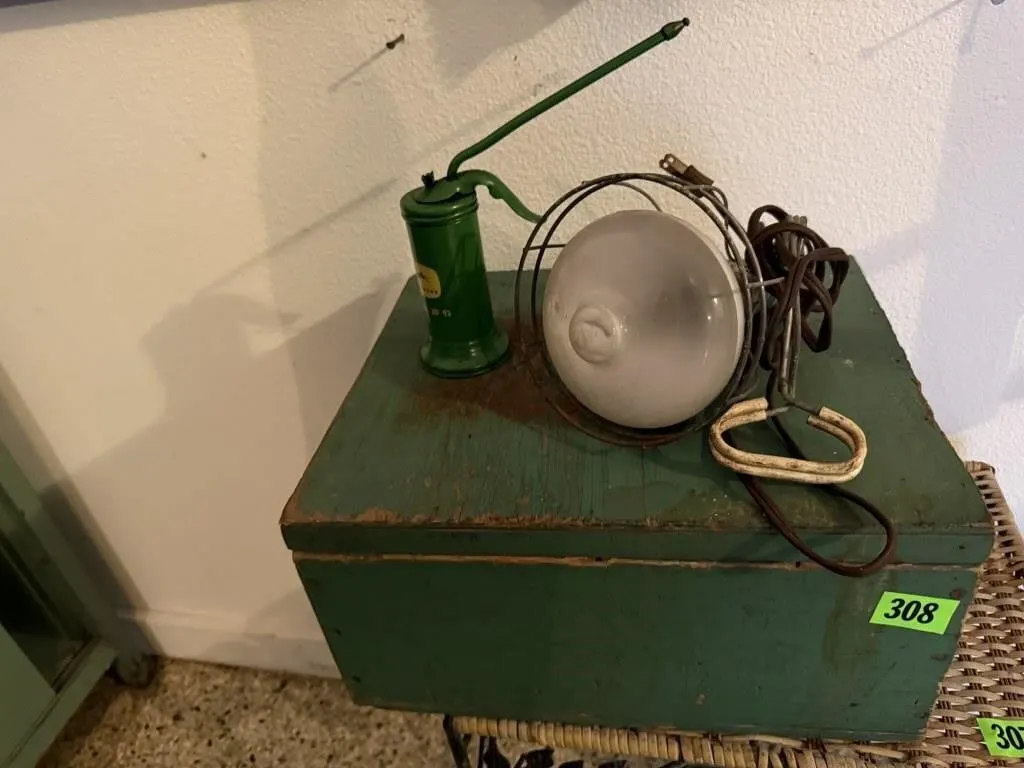 Green toolbox, work light, John Deere oil can