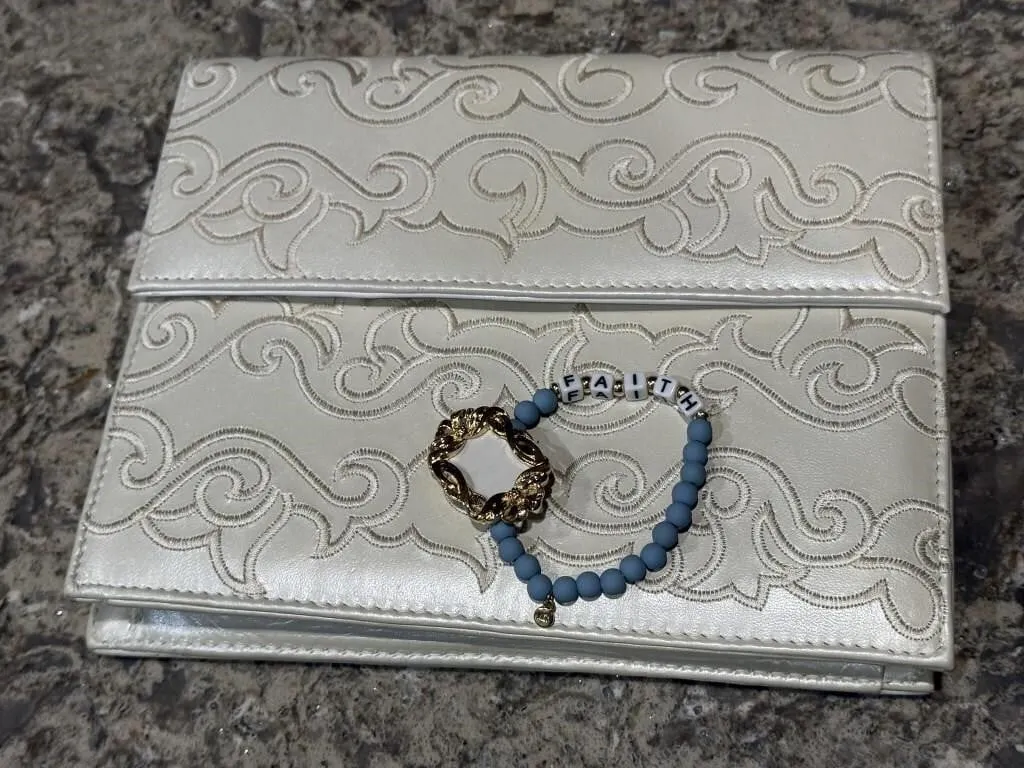 J. Renee purse, Faith bracelet, frame brooch