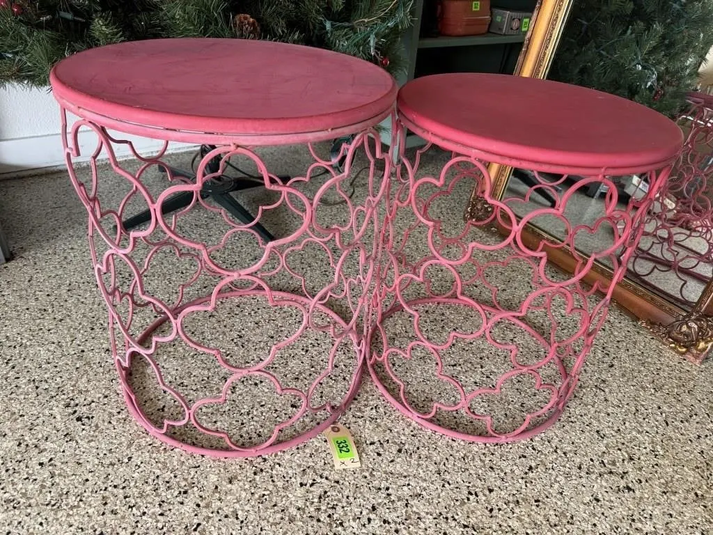 Round red metal side tables (2)