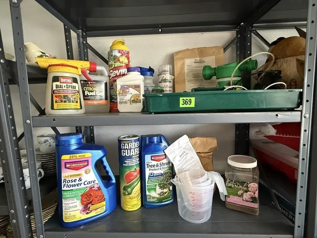Shelf of consumables, garden supplies, PH tester,