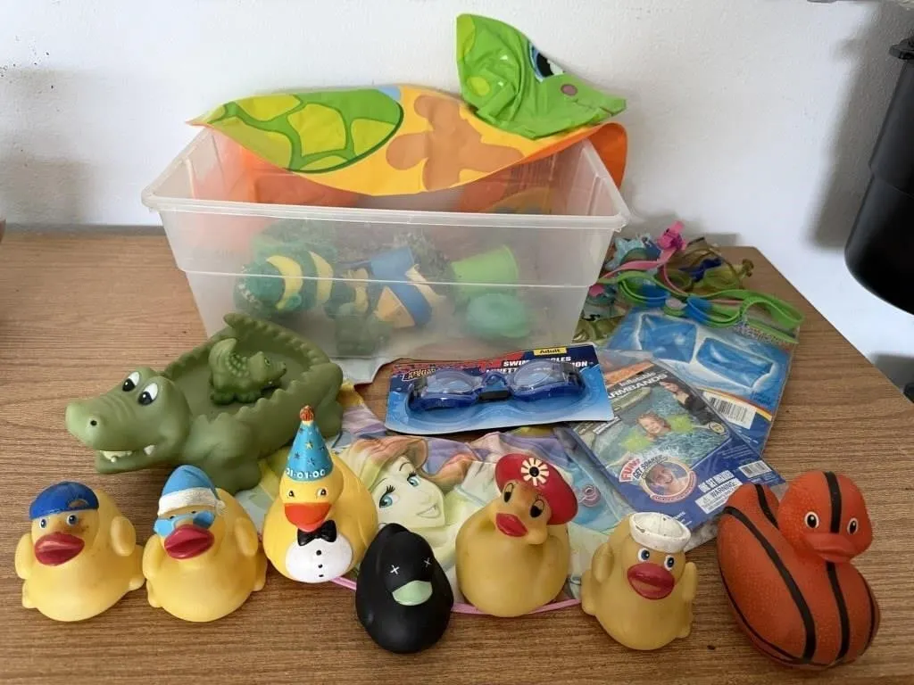 Rubber ducks, swim toys, floaties, swim googles