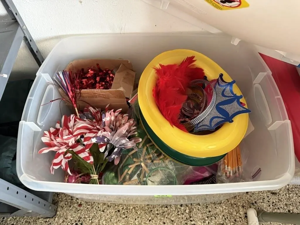 Storage tote of party decorations