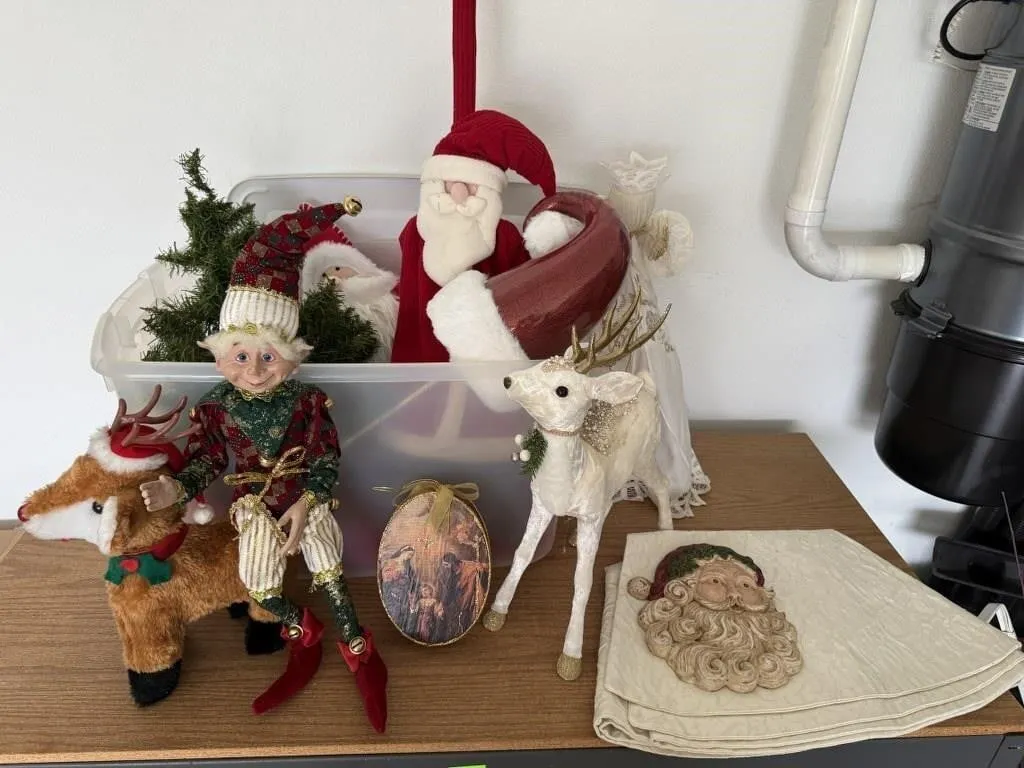 Storage tote of Christmas decorations, elf,