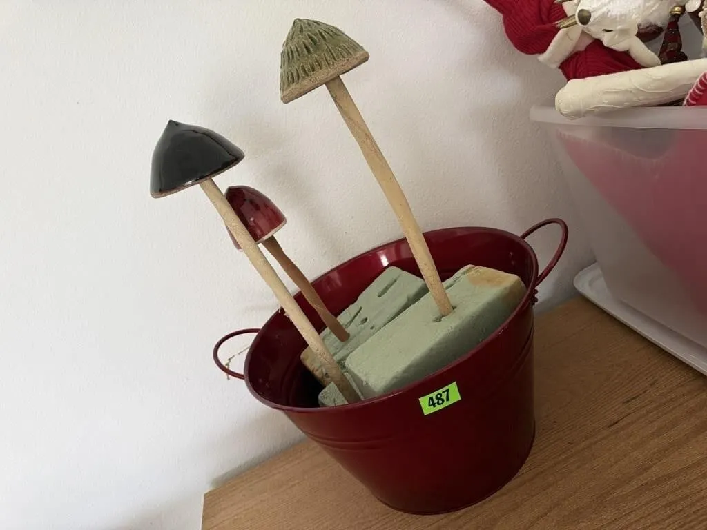 Garden mushrooms, pail, floral foam