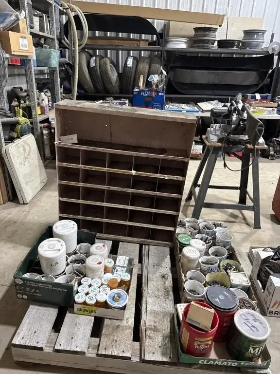 Metal Bolt Bin & Bolts on Pallet
