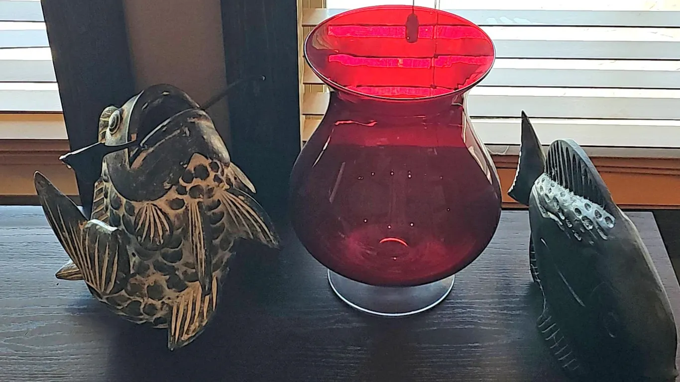 Decorative Red Glass Vase with Two Fish Figurines