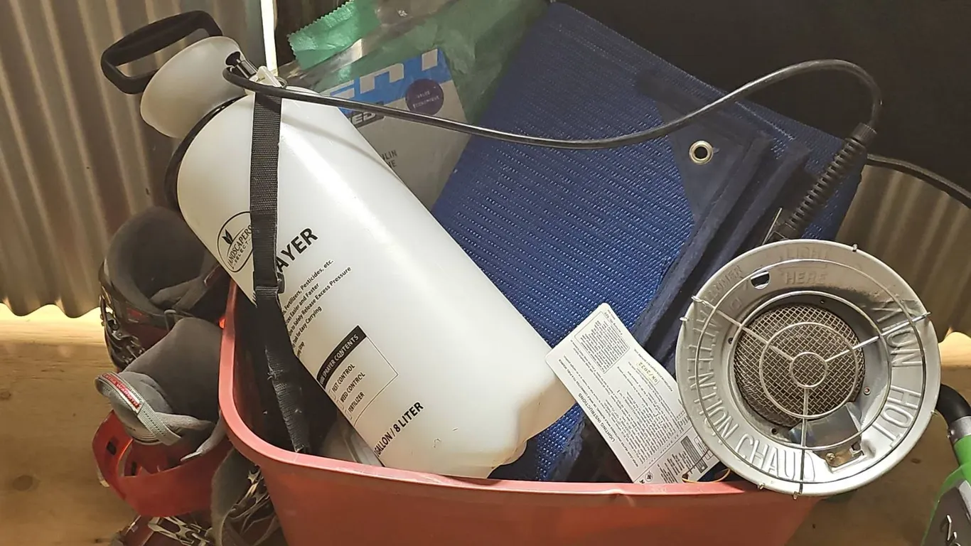 Gear: Ski Boot, Polyethylene Tarp, Sprayer, Heat Lamp Reflector
