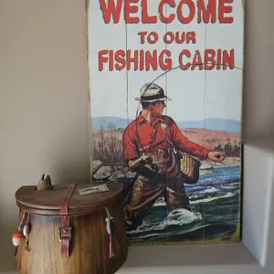 Wood Fishing Creel with Leather Strap and Fishing Decor