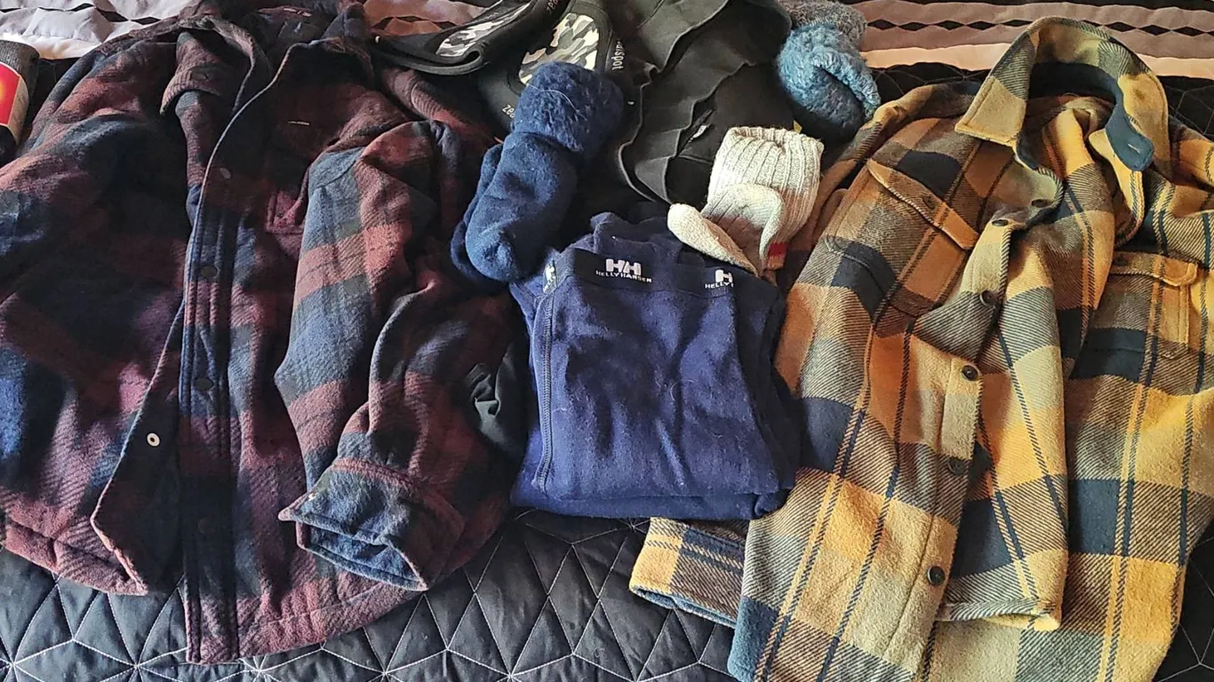 Volcom and Frank Plaid Jackets, Helly Hansen Base Layer, Wing River Socks Lot