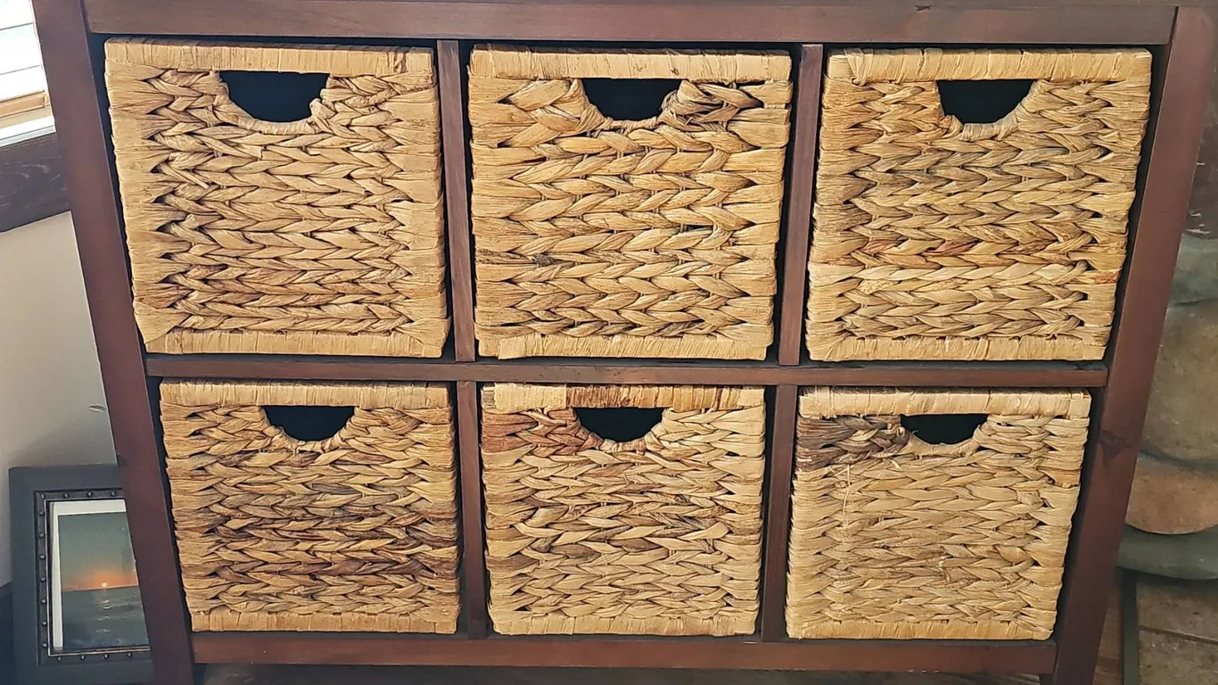 Wood Cabinet With Six Wicker Storage Drawers