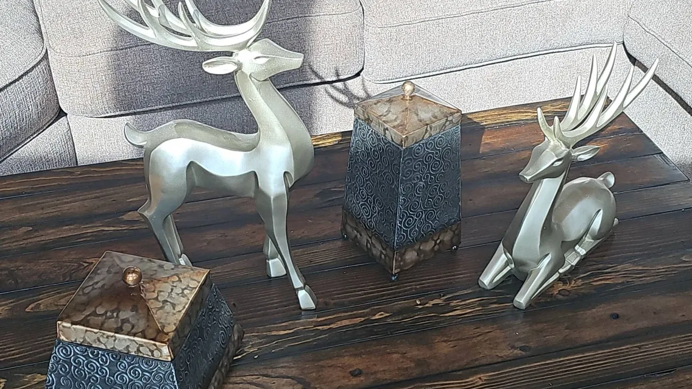 Metal Deer Sculptures with Two Decorative Lidded Boxes