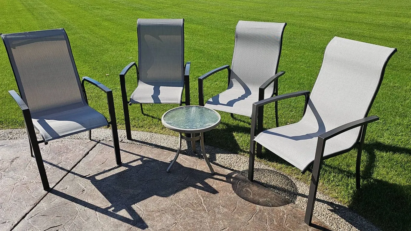 Four Grey Mesh Patio Chairs with Table