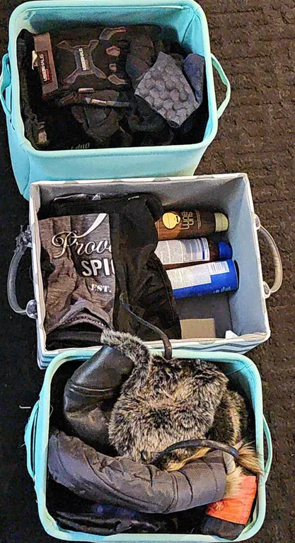 Outdoor Gear and Clothing in Storage Bins, Includes Gloves and Sun Protection