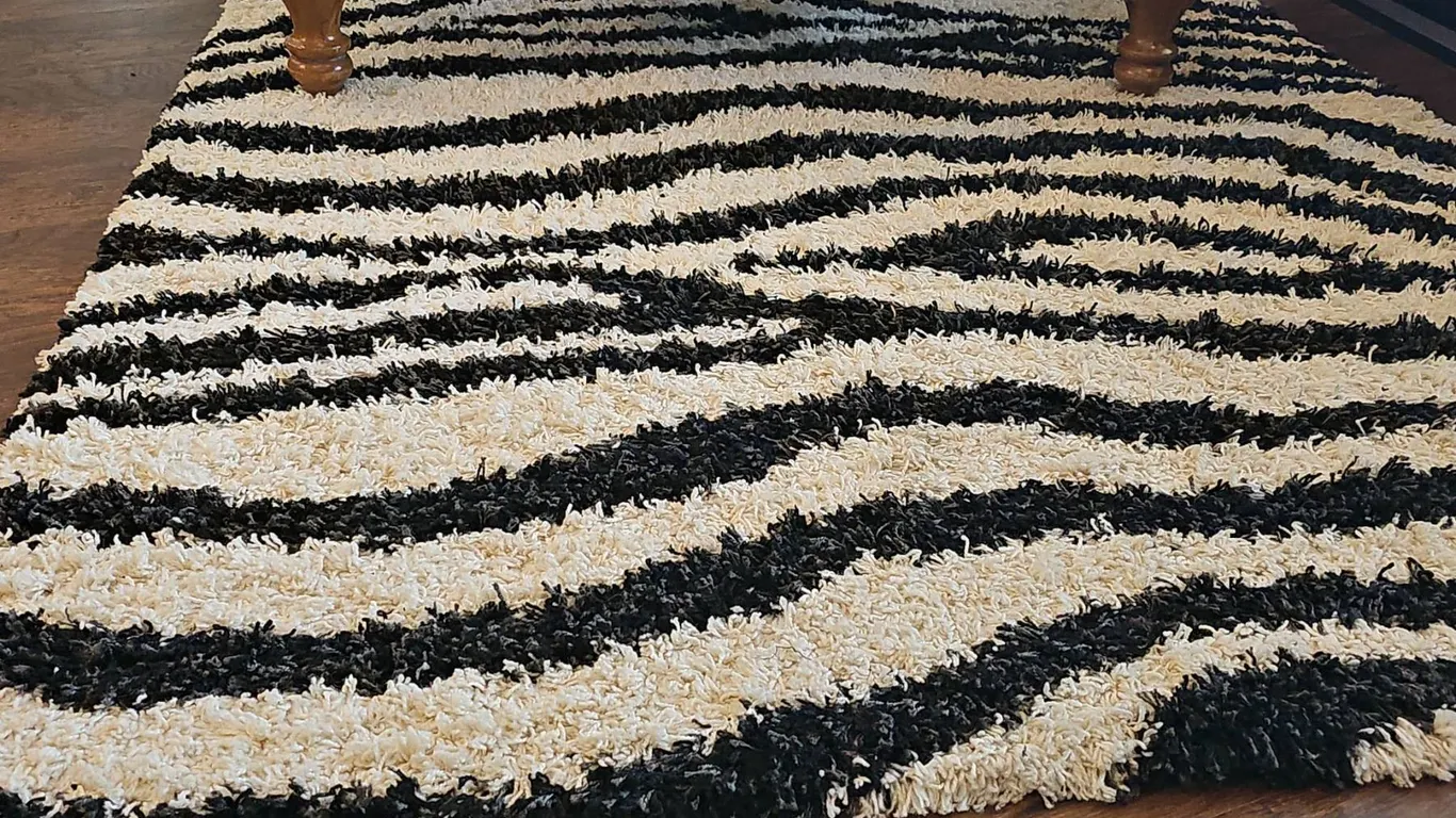 Black and White Shag Rug With Zebra Stripe Pattern