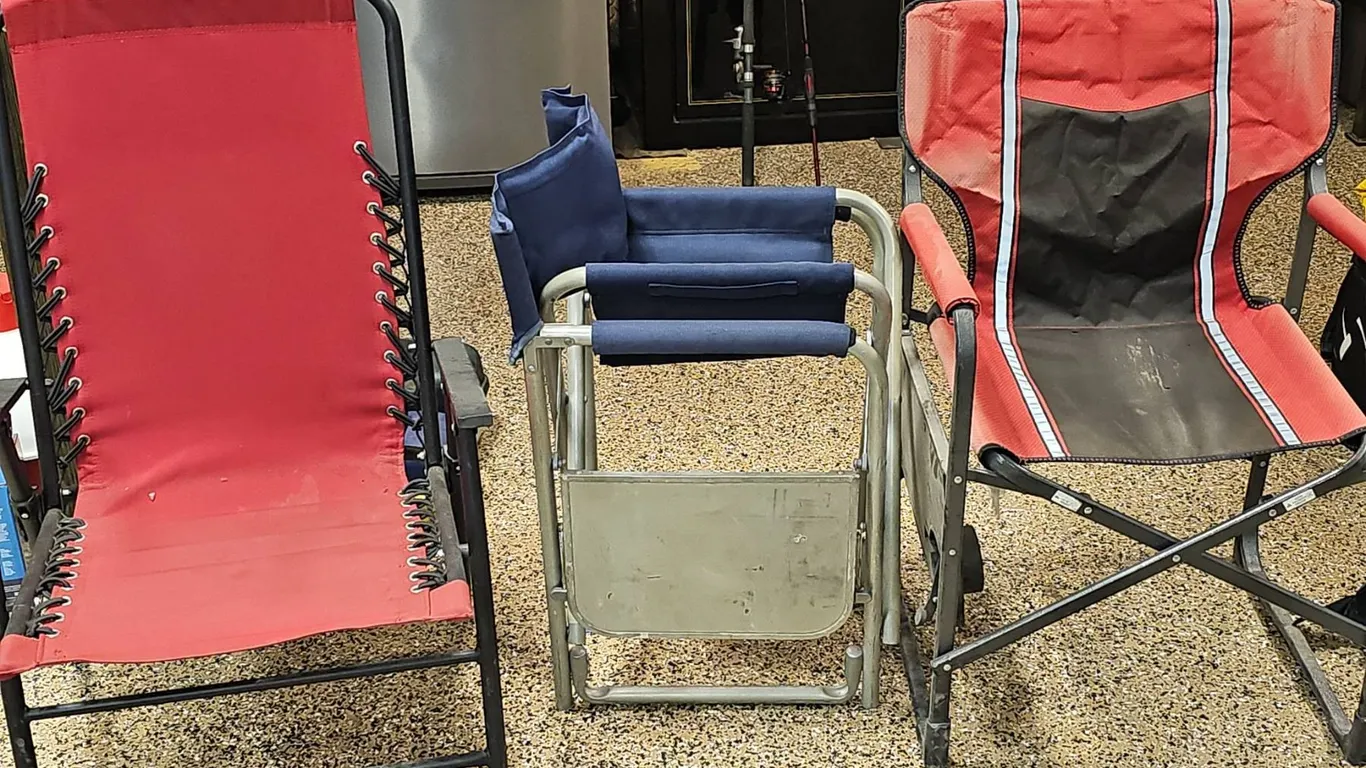 3 Folding Camping Chairs: 2 Red, 1 Blue Fabric With Metal Frames