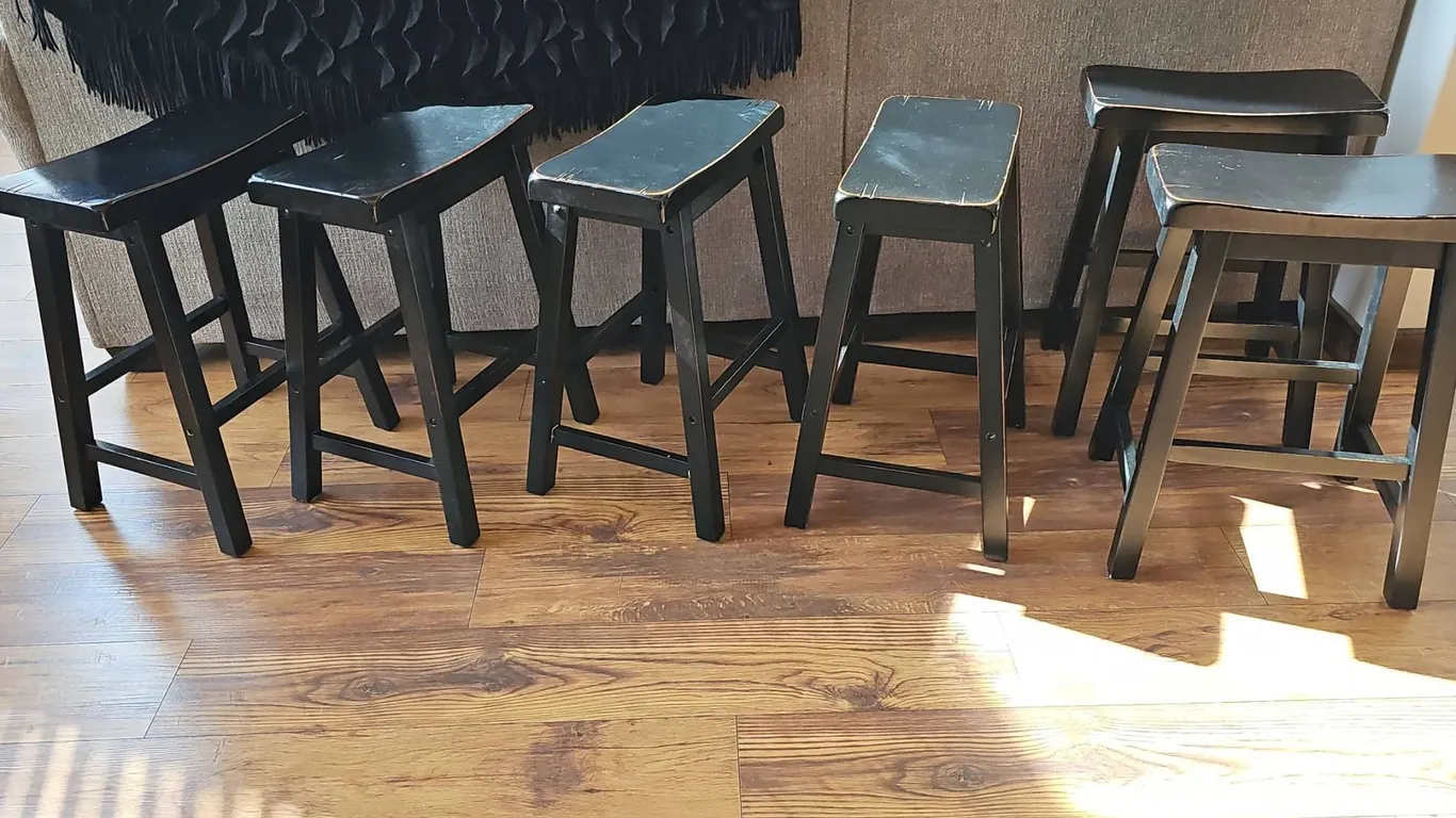 6 Black Wooden Saddle-Seat Counter Stools