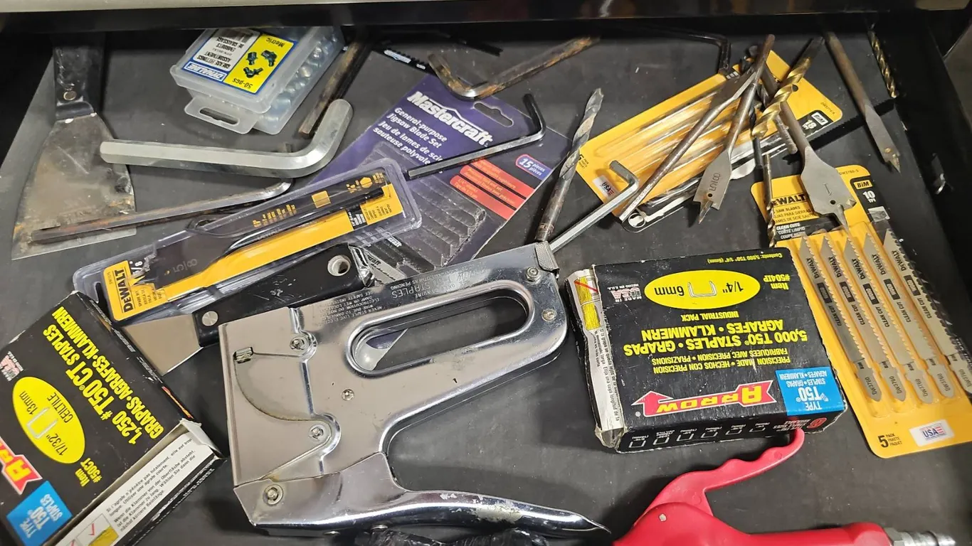 Workshop Tools and Accessories Including Arrow Stapler and Drill Bits