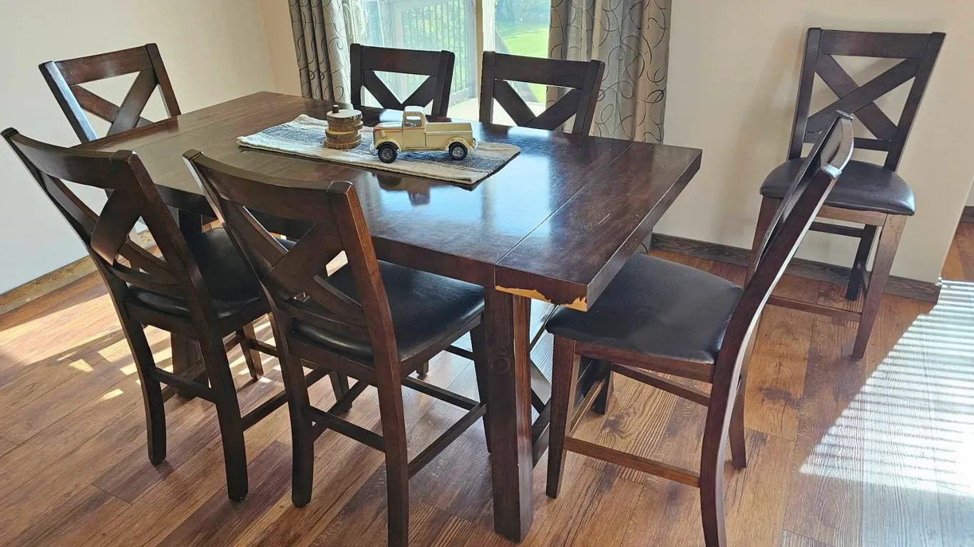 Modern Solid Dark Wood Dining Set With 7 Chairs, Two Leafs