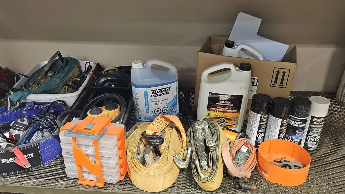 Automotive Maintenance Lot With Fluids, Ratchet Straps, Car Care Products, Tools