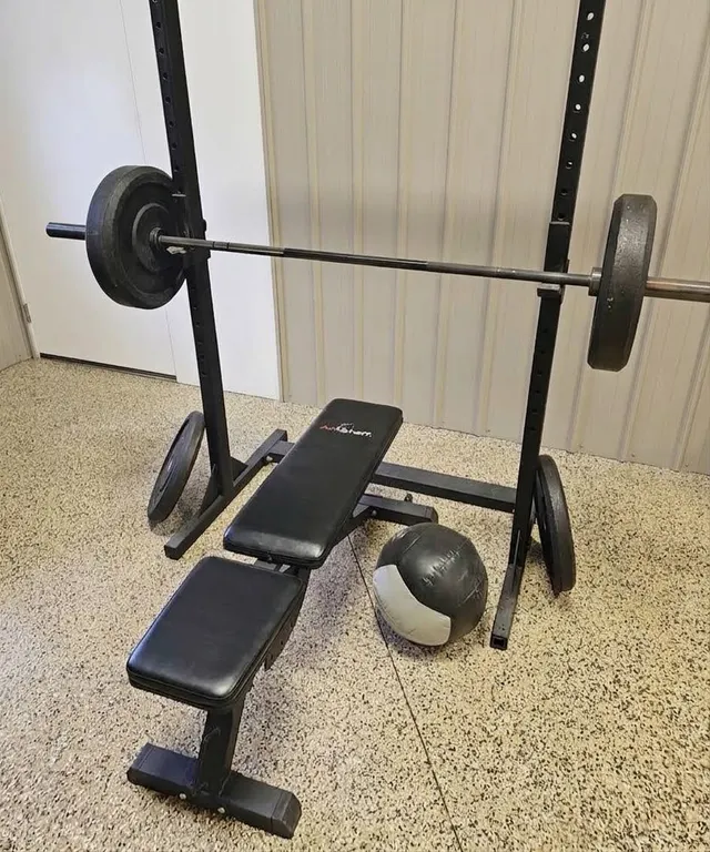 Adjustable AresFit Bench, Squat Rack, Rogue Weight Plates, Barbell, Medicine Ball