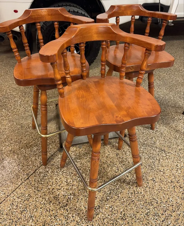 3 Wooden Swivel Bar Stools With Arms and Brass Footrests