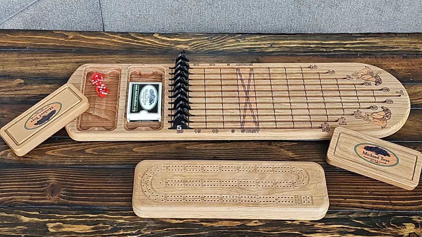 Michaud Toys Handcrafted Wooden Board Game Set with Cribbage and Horse Racing