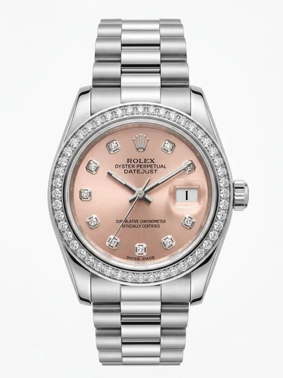 Rolex Oyster Perpetual Datejust Replica Watch, Silver Bracelet, Diamond Bezel, Pink Dial
