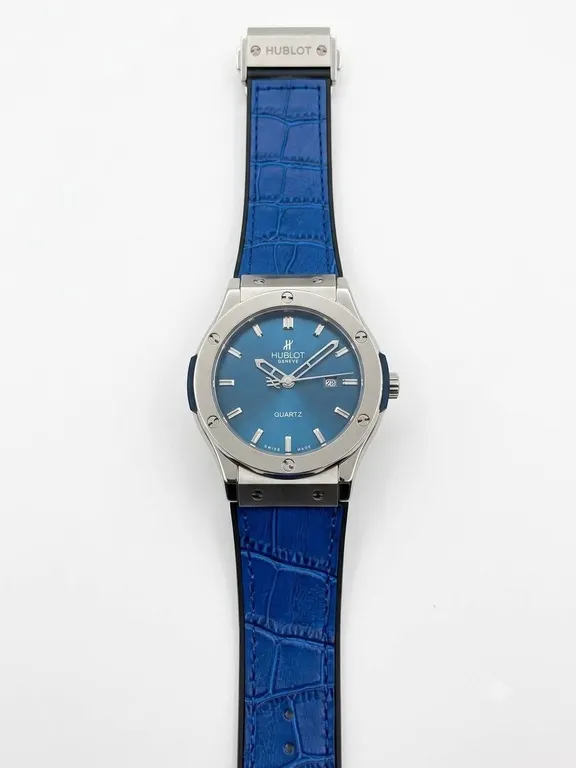 Hublot Style Blue Dial Stainless Steel Replica Quartz Watch with Blue Crocodile Strap