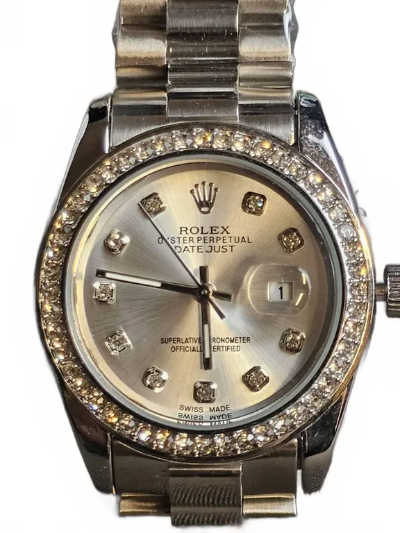 Rolex Oyster Perpetual Datejust Replica Watch, Diamond Hour Markers, Silver Dial