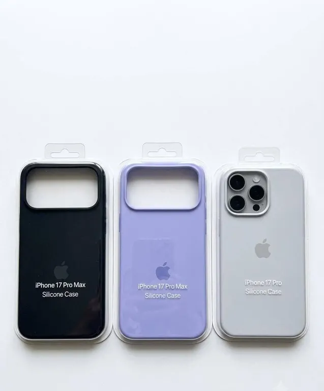 3 iPhone 17 Pro Max Silicone Cases in Black, Purple, and White