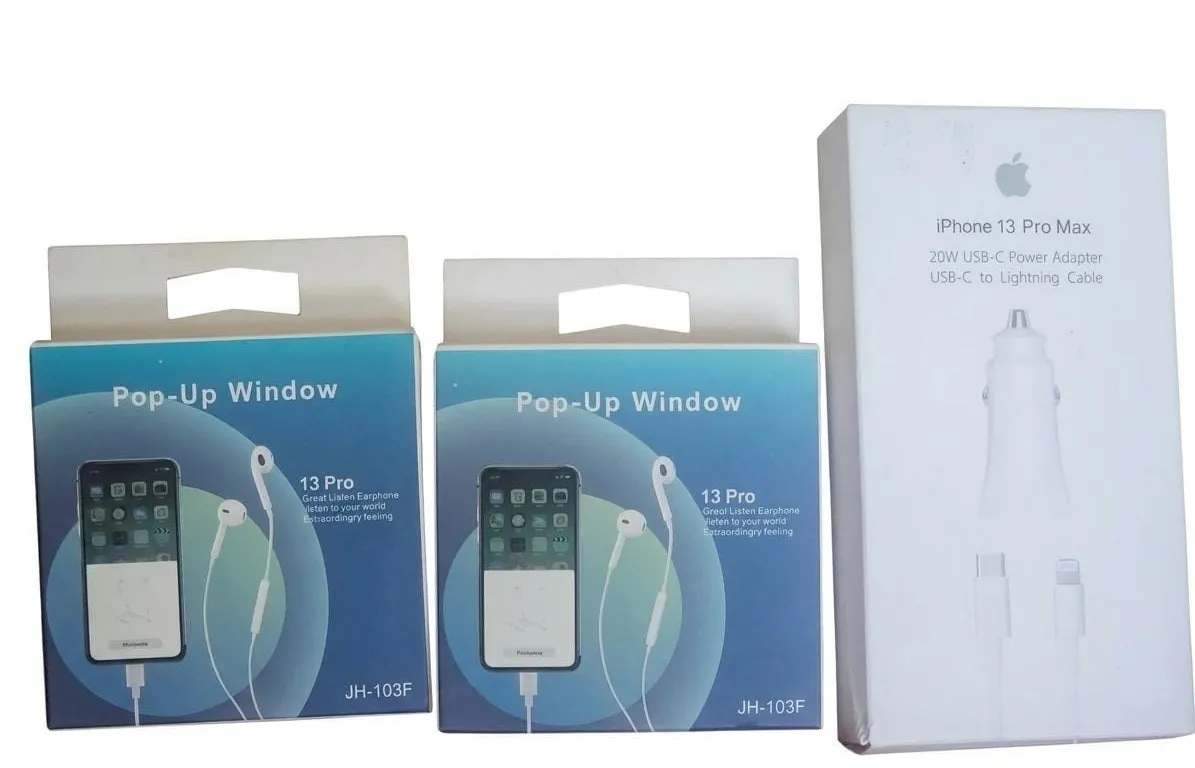 2 JH-103F Pop-Up Window 13 Pro Earphones and iPhone 13 Pro Max Power Adapter
