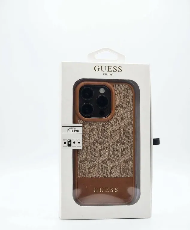 GUESS Brown Patterned Phone Case for iPhone 16 Pro, Branded Packaging