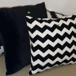 Five Black and White Throw Pillows, Large and Small, Geometric and Chevron Patterns