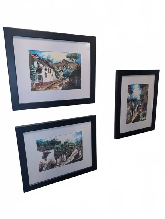 3 Framed Prints Depicting Village Scenes with Black Frames